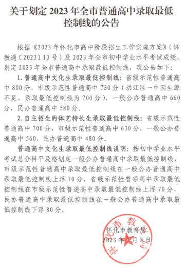 2023怀化中考最低录取分数线公布